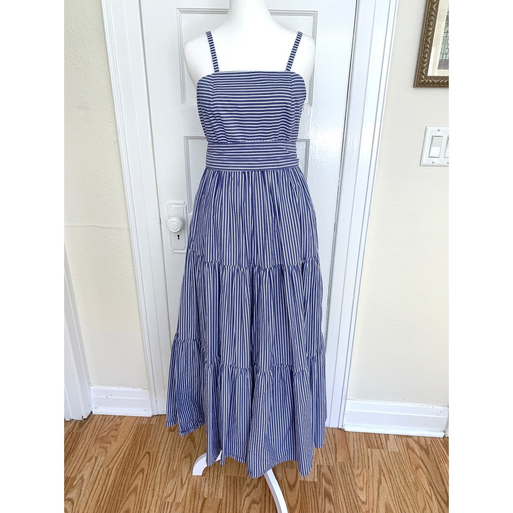 J Crew Garratt Blue White Striped Maxi Dress 00 Poplin Tiered Ruffle Coastal - Picture 2 of 16